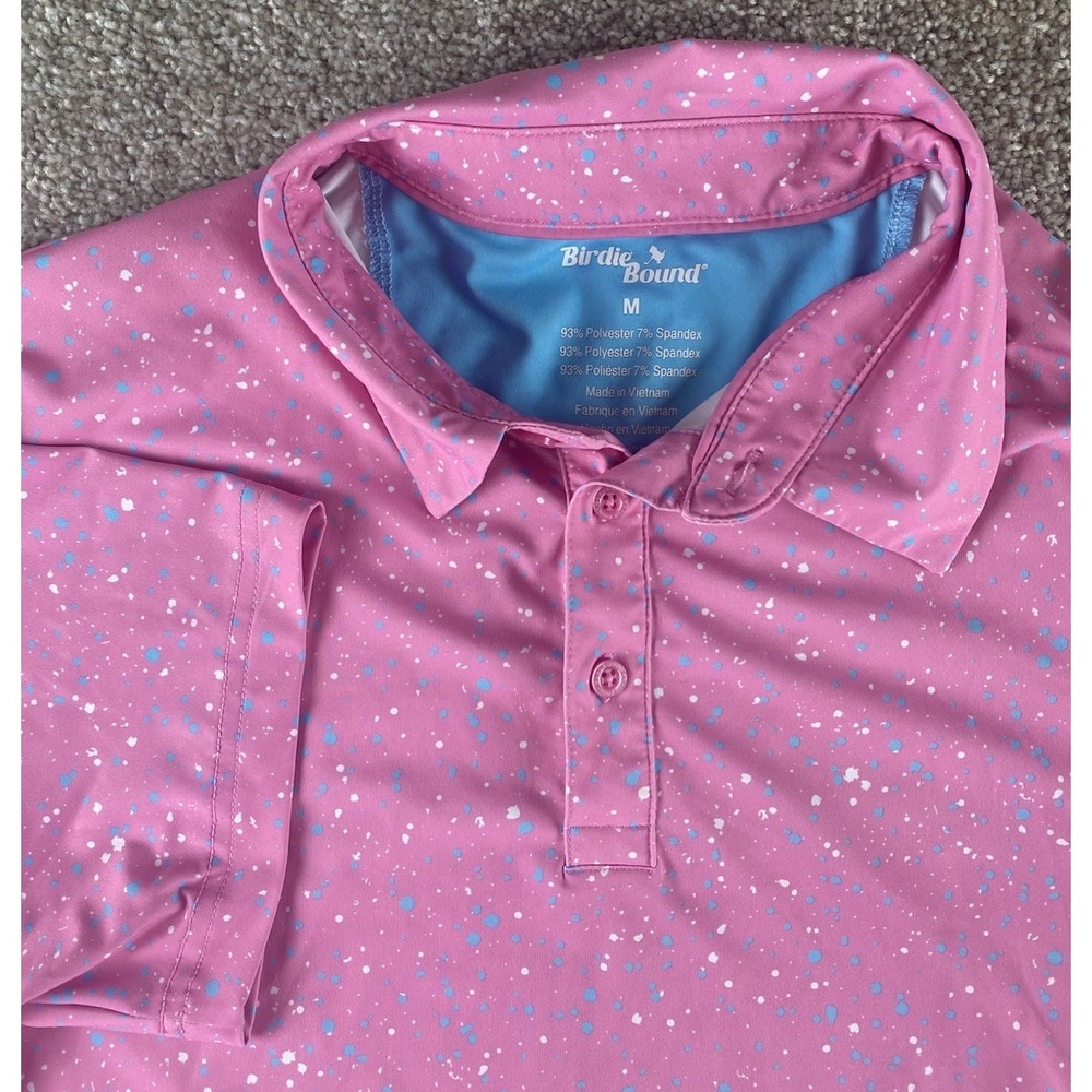 Birdie Bound Pink Polo Splatter Blue/White Dot Polo Mens M Performance Stretch